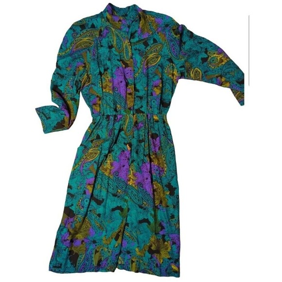 Vtg 80s Fashion Update Paisley Dress w/Shoulder Pads & Pockets SZ MD - Picture 1 of 13